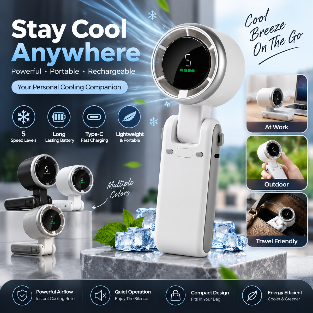 3-in-1 Portable Turbo Fan – 5-Speed Rechargeable Handheld, Neck & Desk Fan | Foldable Mini Pocket Fan