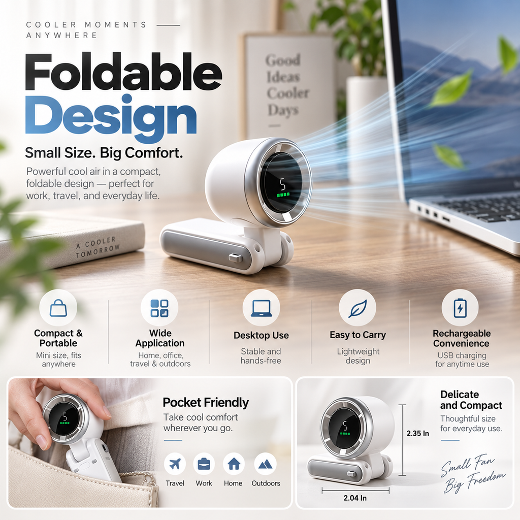3-in-1 Portable Turbo Fan – 5-Speed Rechargeable Handheld, Neck & Desk Fan | Foldable Mini Pocket Fan