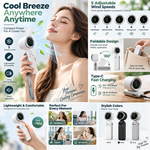3-in-1 Portable Turbo Fan – 5-Speed Rechargeable Handheld, Neck & Desk Fan | Foldable Mini Pocket Fan
